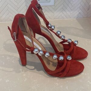 Diane Von Furstenberg Red/Rust Heels with Silver Embellishments